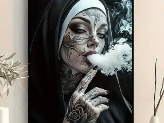 * Lærredsmaleri; Rygende nonne