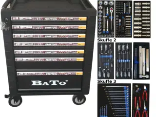 BATO Værktøjsvogn med 7 skuffer. 3 skuffer med 132 dele værktøj. Model 9107-132. Sort