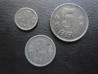 1, 2, 5 øre 1918 jern, alle i flot kvalitet