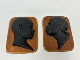 2 stk. retro relieffer m. afrikanske hoveder