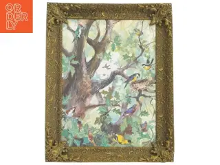 Forgyldt maleri med fuglemotiv (str. 28,5x23 cm)