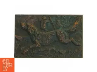 Træ/metal æske med jagtmotiv relief (str. 16x10,5x4 cm)