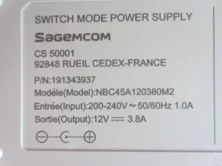 SagemCom CS 50001 12V 3,8A strømforsyning