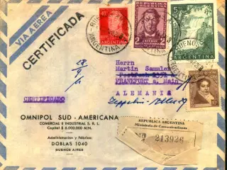 Luftpost Rekommanderet Brev fra Argentina til Danmark - 24 - 9 - 58