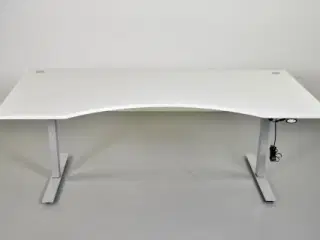 Hæve-/sænkebord med hvid plade og alugråt stel, 200 cm.