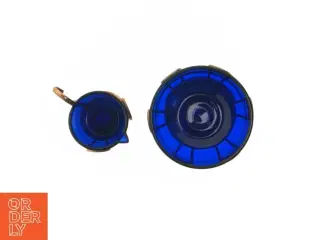 Sukkerskål og  flødekande Blå glas og kobberkramersæt (str. 8 cm. ø. 10 cm. og. ø. 5 cm)
