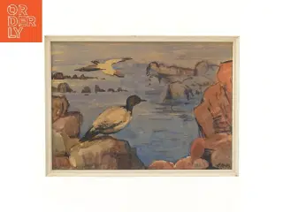 Landskabsmaleri med fugle i ramme (str. 39x28,5 cm)