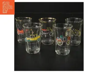 5 dekorative glas med biler  (str. 5 stk Ø 5 cm længde 7 cm)