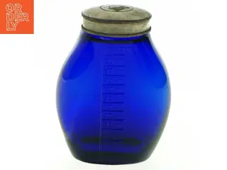 Gammel Blå glasflaske med måleenheder (str. H. 9 cm. b. 7 cm)