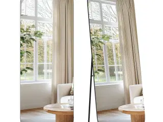 Fuldfigur gulvspejl 160 × 50 cm – buet rektangel med støtteben, hærdet glas, aluminium – blæk-sort