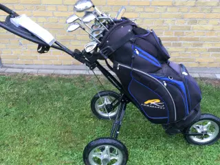 Golfsæt grafit med 3-hjulet vogn og velholdt bag