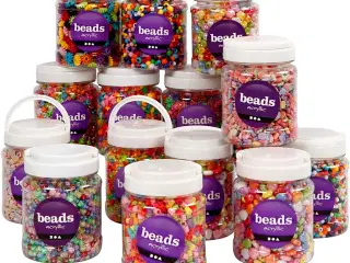 Plastperler, str. 6-15 mm, hulstr. 1,5-6 mm, ass. farver, 16x700ml/ 1 pk.