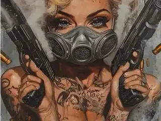 * Lærredsmaleri/tryk; Woman with guns