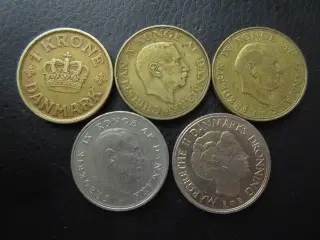 1 kroner fra forskellige serier 1924-1989, 5 stk