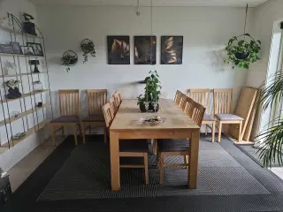 Spisebord, 12 stole, sofabord egetræ 