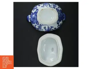 Blå og hvid porcelænssuppekop med låg (str. 18 x 12 cm)