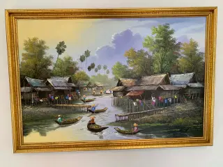 Thailand - typisk stemningsbillede med flod, både 