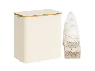 Vasketøjskurv med låg 3 rum, 150 l, aftagelig mesh-indsats, bambushåndtag, sammenklappelig, cremehvid