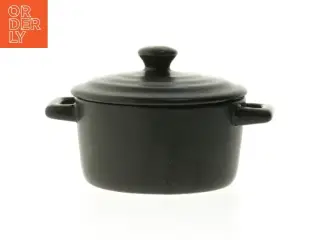Sort støbejernsgryde med låg (str. Ø. 11,5 cm. længde, 14,5 cm)
