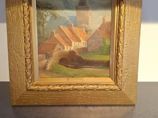 smukt maleri af kirke og huse af F.Wigaud