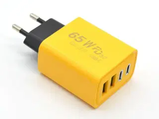 2 stk. Mobiltilbehør vægadapter 65W GaN – 2×USB-C + 2×USB-A – Gul