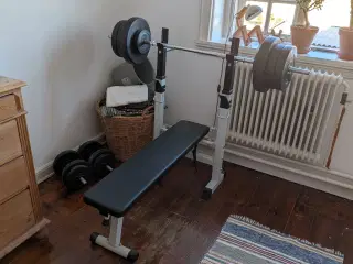 Træningsbænk med stang, og vægte