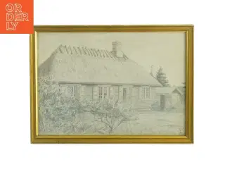 Indrammet tegning af stråtækt hus (str. 34 x 24 cm)