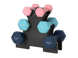 Håndvægtsæt med stativ – SONGMICS hex håndvægte 2×1 kg, 2×2 kg, 2×3 kg, neopren, pink/aqua/blå