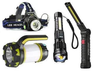 Lygtesæt med fire forskellige opladelige lygter.