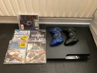 PS 3 + 2 kontroler + 5 Spile fejlfri, Næsten ubrug