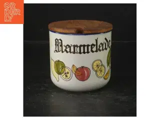 Knabstrup keramik marmeladekrukke med trælåg fra Knabstrup (str. Ø. 9 cm. længde, 8 cm)