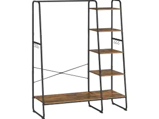 Tøjstativ med hylder 5 niveauer, skohylde, 6 sidekroge, rustik brun/sort