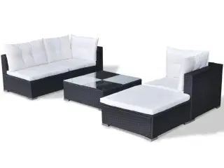 Haveloungesæt 5 dele med hynder polyrattan sort