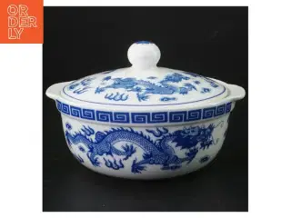 Orientalsk  Blå og hvid porcelæns skål med låg (str. 17 cm)