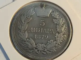 5 Dinara Serbia 1879 - Renset og monteringsspor