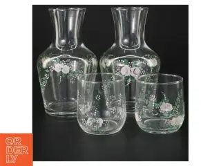 Sæt med malet glas karaffer og drikkeglas (str. 17 cm og 7,5 cm)