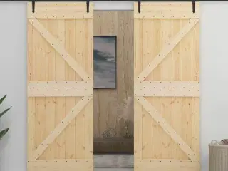 Skydedør med monteringssæt 80x210 cm massivt fyrretræ