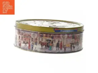 Vintage kagedåse med nostalgisk motiv (str. Ø 19,5x6,5 cm)