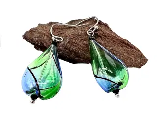 Mundblæst glas øreringe dråbeformet blå/ grøn