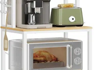 Køkkenreol med 6 hylder og 6 kroge kaffe- og mikrobølgeovnstation, stålramme, justerbar hylde, 40 × 60 × 167 cm, eg/hvid (KKS024W09)