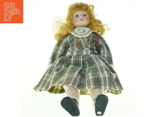 Porcelænsdukke med ternet kjole (str. 70 cm)