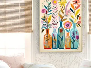 * Lærredsmaleri; Blomster i flasker