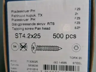 Pladeskruer 4.2x25 mm 500 stk torx 20 nye