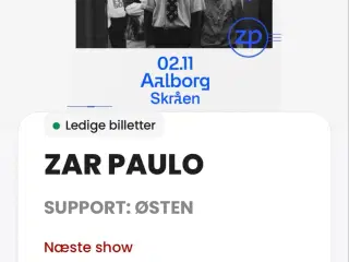 2 Billetter til ZAR PAULO