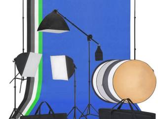 Fotostudiesæt med softbox-lys, baggrunde og en reflektor