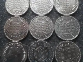 10 Kr mønter 1979 til 1988 i flot kvalitet.