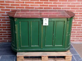 Gl antik butiksskænk m/glasplade og 2 skuffer