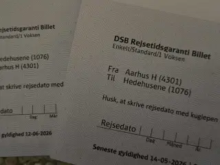 DSB togbillet tur/retur Aarhus-(KbhH)/Roskilde/Hed