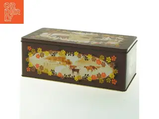 Vintage metalkasse med landskabsmotiv (str. 23,5x12x9 cm)