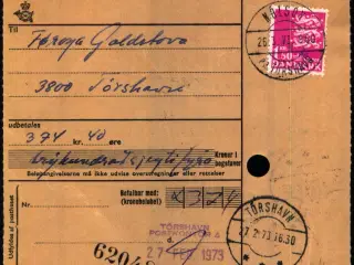 Postanvisning fra Nolsøy - Færøerne -   26 - 2 73 - Torshavn 27 - 2 73 ?